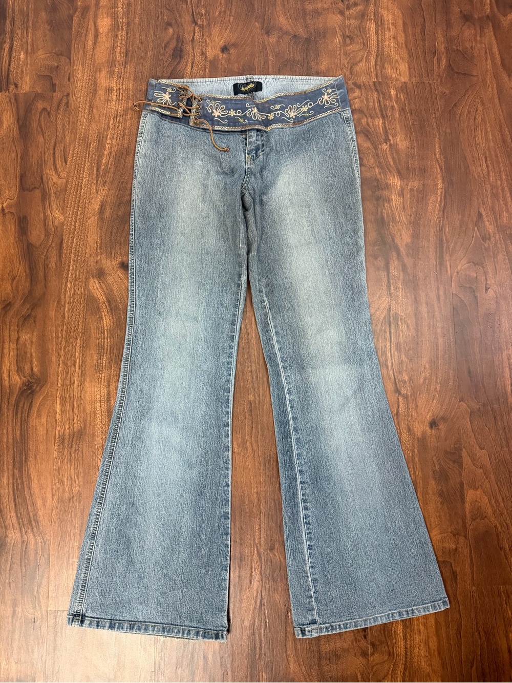 Angels Y2K Blue Embroidered Waist Flare Jeans